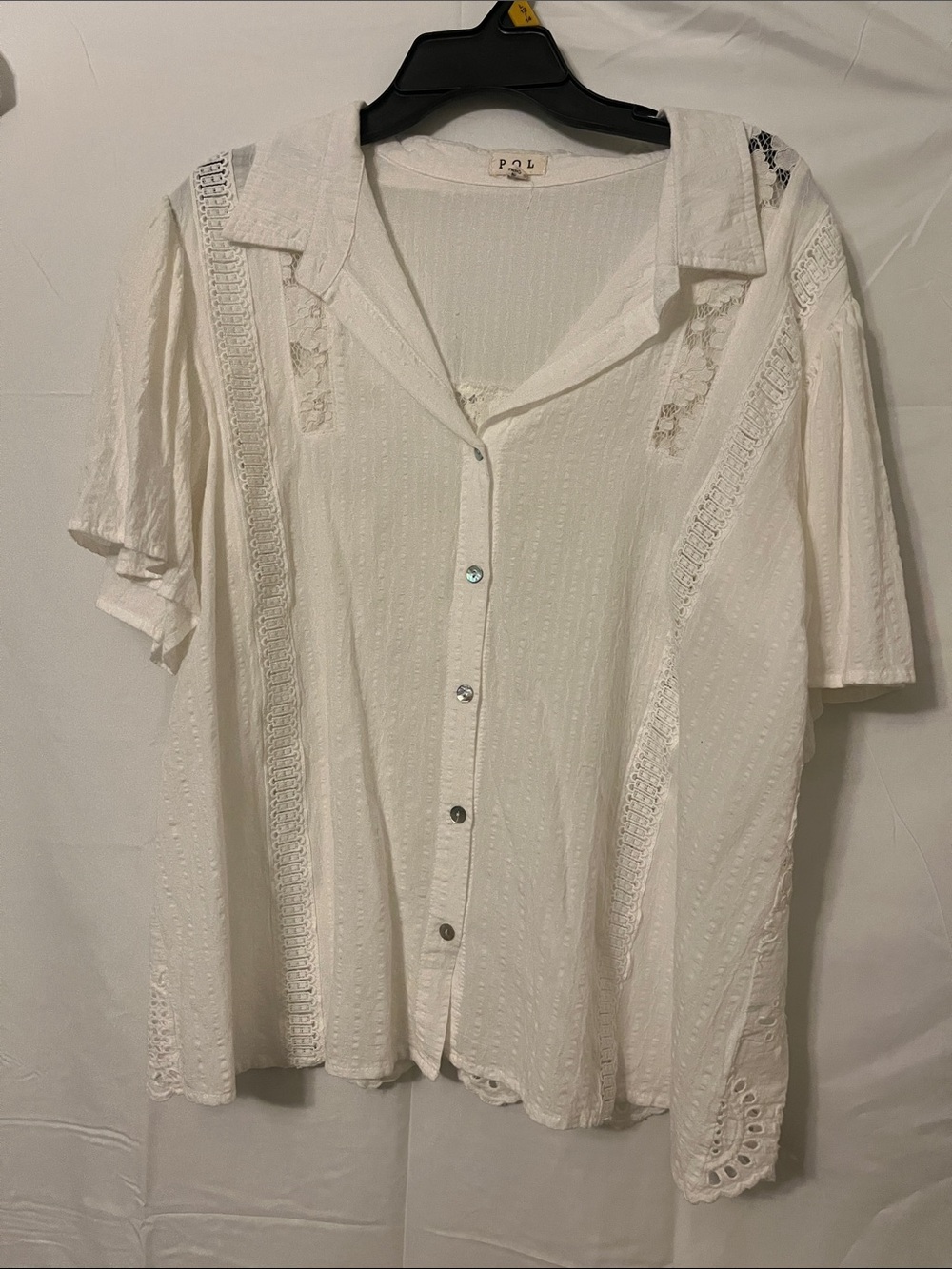 POL White Lace-Trim Button Down Shirt